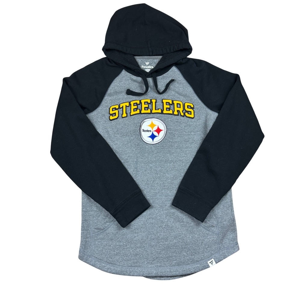 Fanatics Pittsburgh Steelers Hoodie Mens Medium Grey Black Raglan NFL Pullover
